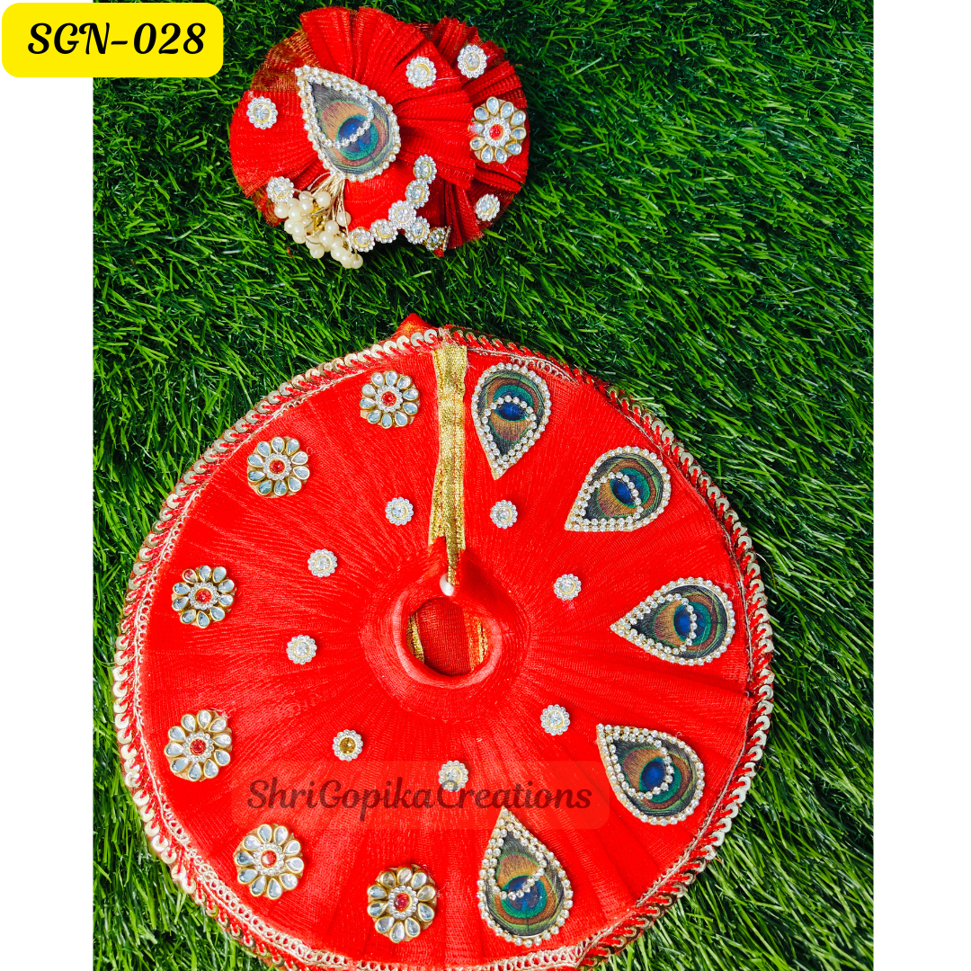 Stunning Red Laddu Gopal Dress with Peacock Design and Matching Pagdi | SGN028