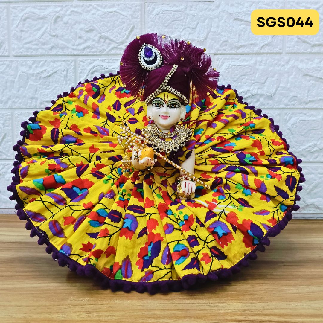 Yellow  Printed Cotton Laddu Gopal Dress with matching Pagdi – SGS044