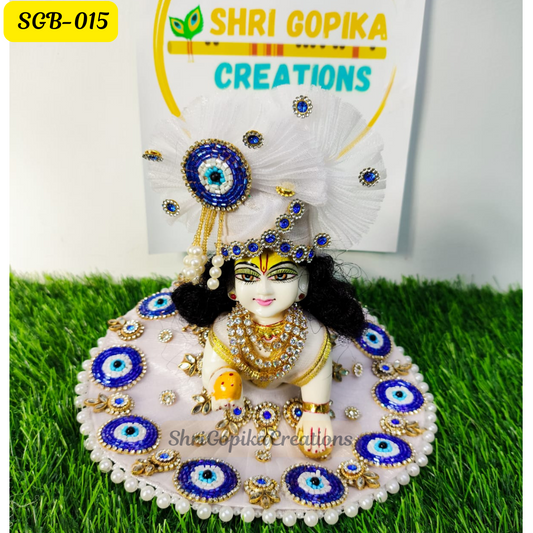 White and Blue Evil Eye Laddu Gopal Dress with Matching Pagdi | SGB015