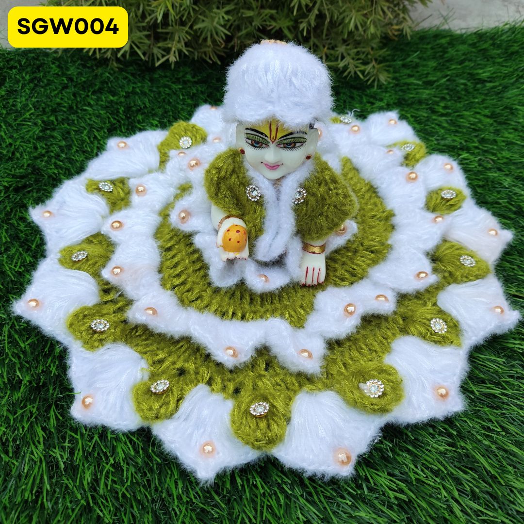 Green and White Woolen Laddu Gopal Dress | SGW004