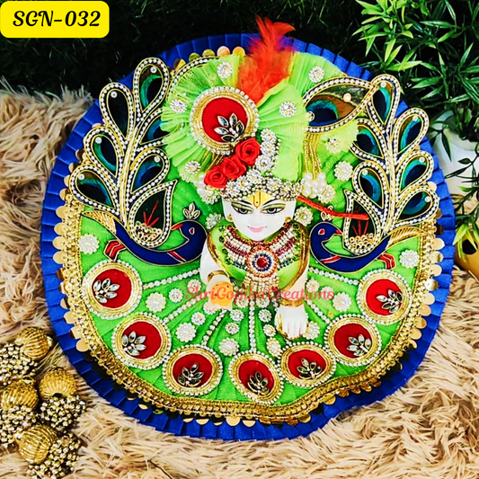 Parrot Green Laddu Gopal Dress with Stunning Peacock Design and Matching Pagdi | Handcrafted Gopal Poshak | SGN032