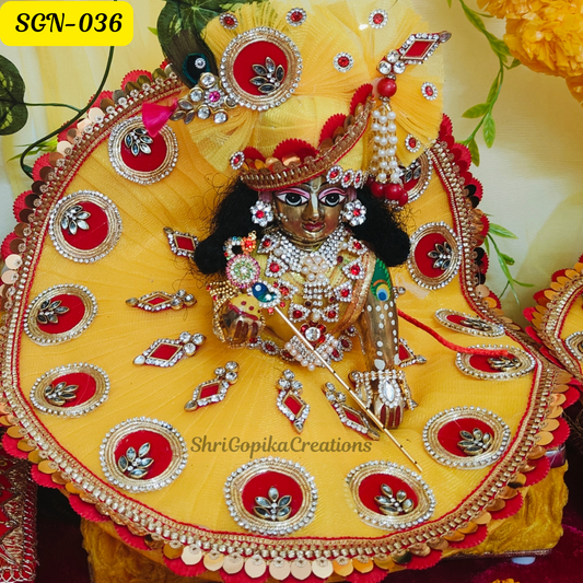 Golden Yellow Laddu Gopal Dress with Red Embellishments | Handcrafted Gopal Poshak | SGN036