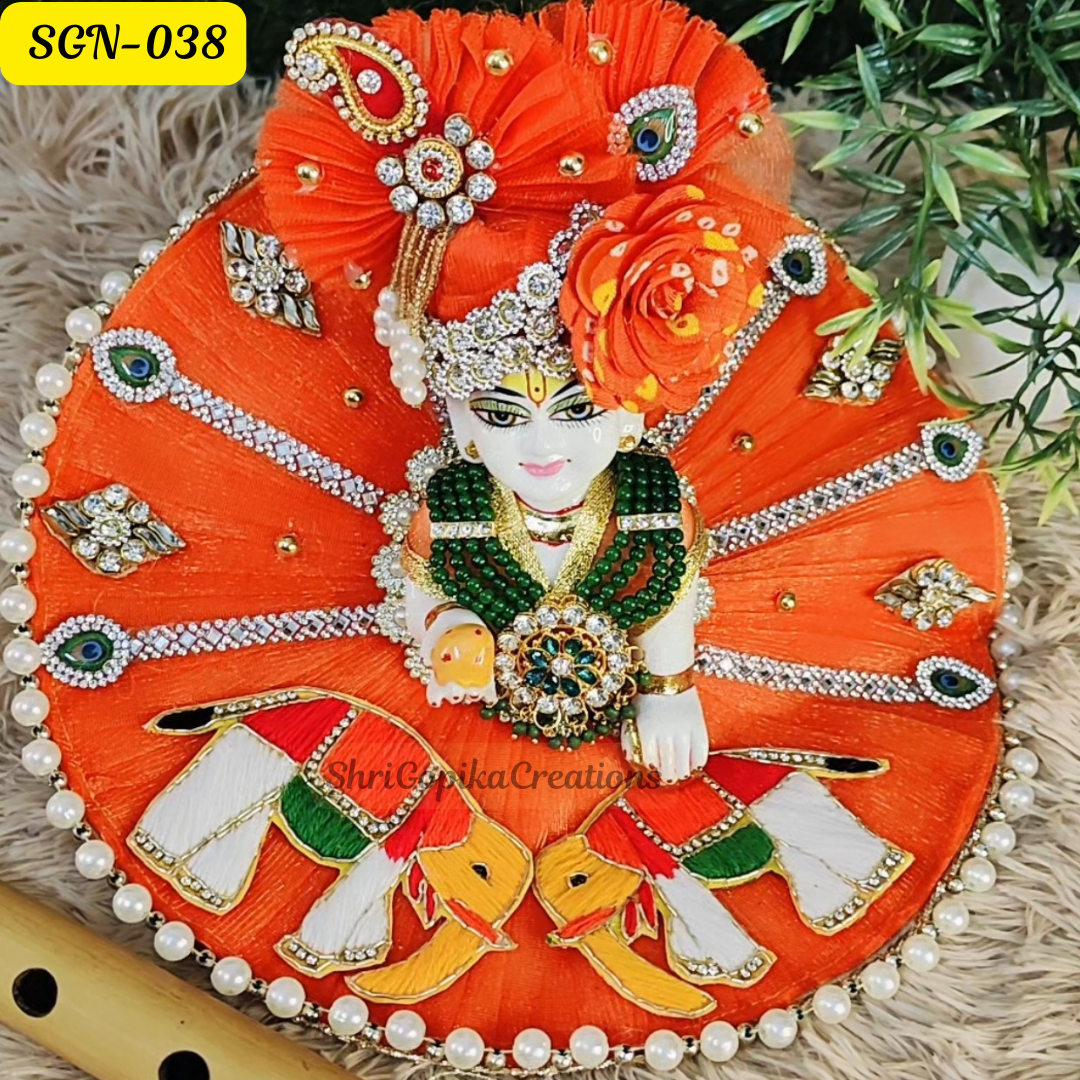 Elegant Orange Laddu Gopal Dress with Elephant Patch  with Matching pagdi| Handcrafted Gopal Poshak | SGN038