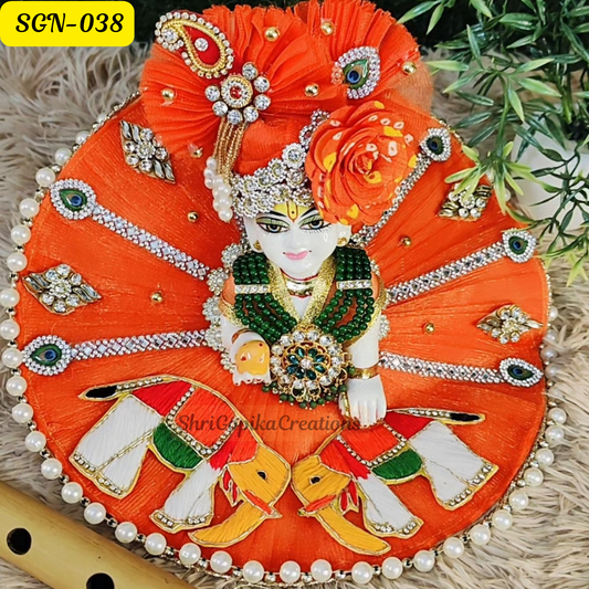 Elegant Orange Laddu Gopal Dress with Elephant Patch  with Matching pagdi| Handcrafted Gopal Poshak | SGN038