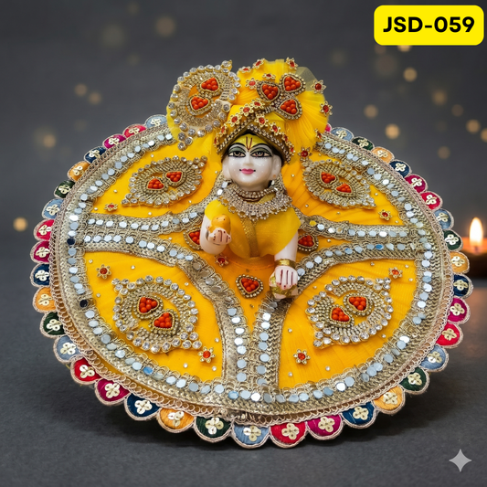 Yellow Mirror Work Laddu Gopal Ji Poshak with Matching Pagdi | JSD059
