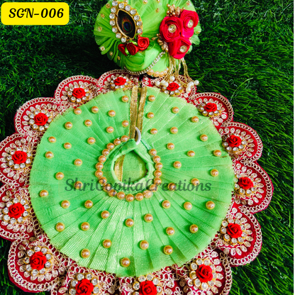 Parrot Green Laddu Gopal Dress with Red Rose and Pearl Design paired with Matching Pagdi | SGN006