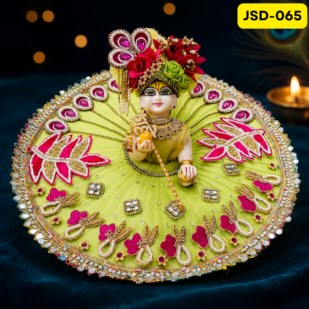 Lime Green Pink Floral Laddu Gopal Ji Poshak with Matching Pagdi | JSD065