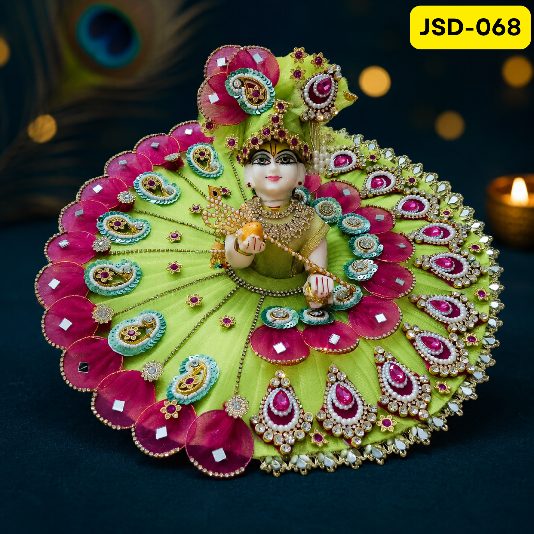 Light Green Pink Peacock Design Laddu Gopal Ji Poshak with Matching Pagdi | JSD068