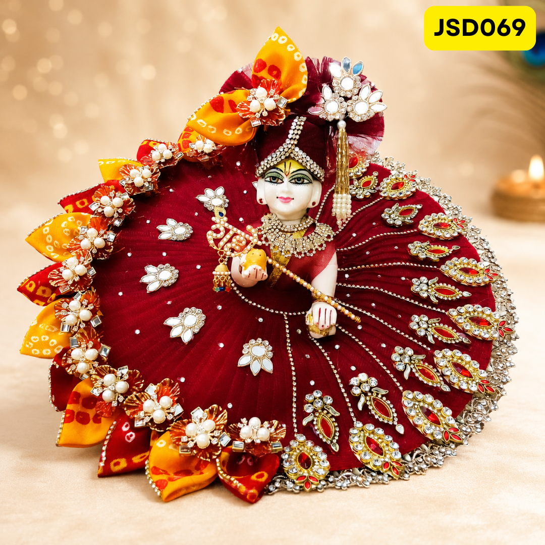Maroon Red Bandhani Bow Work Laddu Gopal Ji Poshak with Matching Pagdi | JSD069