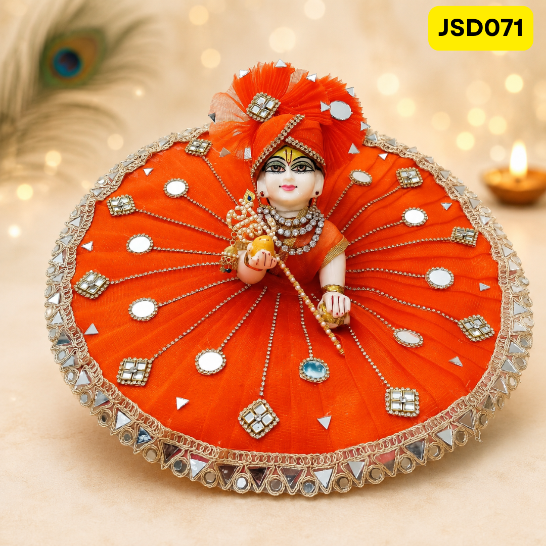 Orange Mirror Work Laddu Gopal Ji Poshak with Matching Pagdi | JSD071