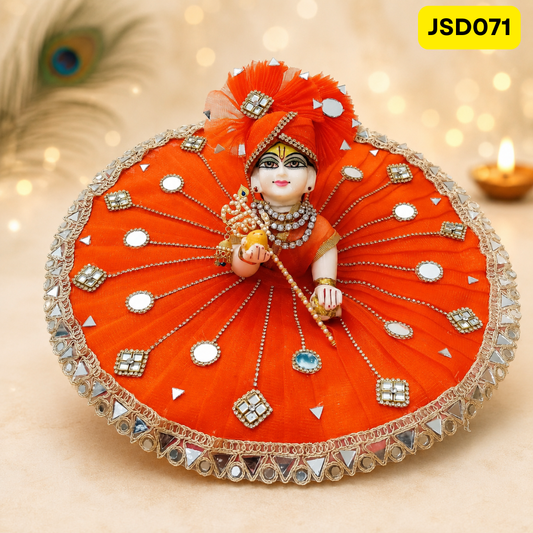 Orange Mirror Work Laddu Gopal Ji Poshak with Matching Pagdi | JSD071