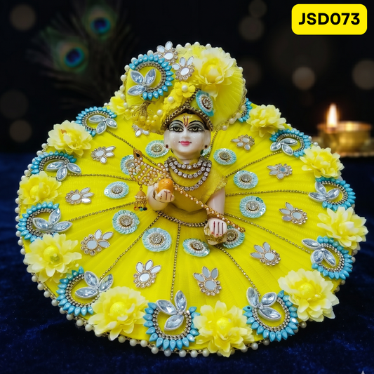 Yellow Turquoise Floral Laddu Gopal Ji Poshak with Matching Pagdi | JSD073
