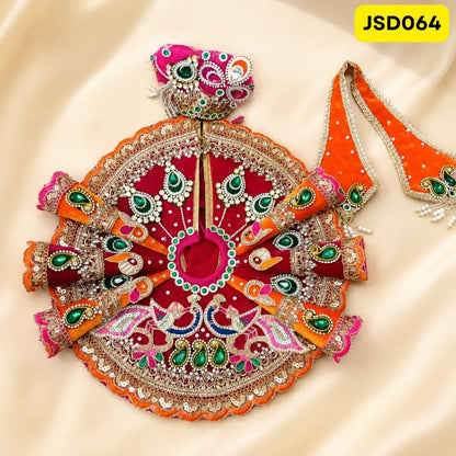 Maroon Orange Heavy Work Laddu Gopal Ji Poshak with Matching Pagdi | JSD064