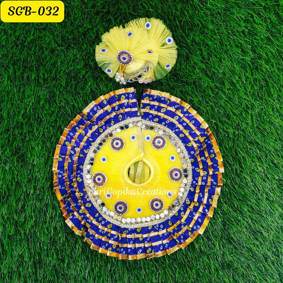 Bright Yellow and Blue Laddu Gopal Dress with Beaded Crown | SGB032