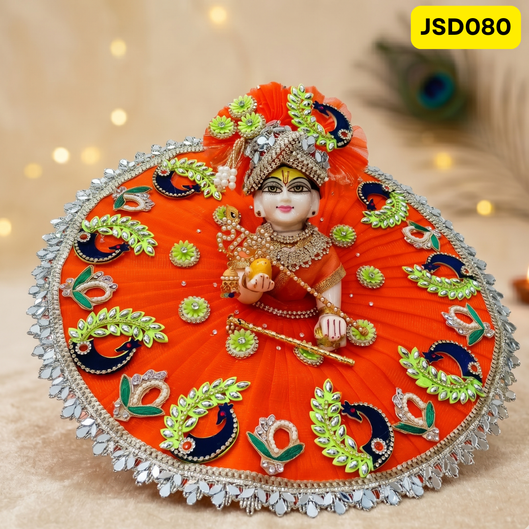 Orange Peacock Motif Laddu Gopal Ji Poshak with Matching Pagdi | JSD080