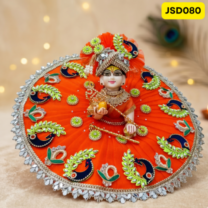 Orange Peacock Motif Laddu Gopal Ji Poshak with Matching Pagdi | JSD080
