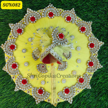 Lemon Yellow Laddu Gopal Dress and matching Pagdi with Red Rose and Stone Embellishments | SGN082