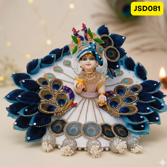 White and Blue Peacock Design Laddu Gopal Ji Poshak with Matching Pagdi | JSD081