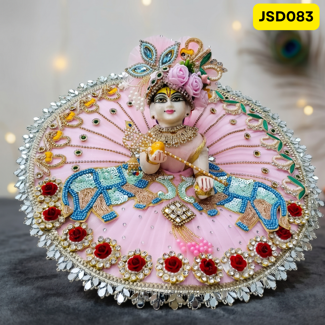 Light Pink Elephant Motif Laddu Gopal Ji Poshak with Matching Pagdi | JSD083