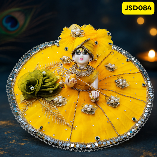 Yellow Floral Mirror Work Laddu Gopal Ji Poshak with Matching Pagdi | JSD084