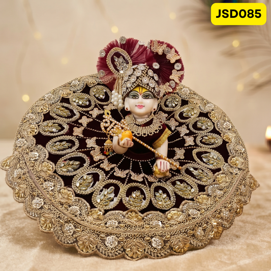 Dark Maroon Velvet Leaf Work Laddu Gopal Ji Poshak with Matching Pagdi | JSD085