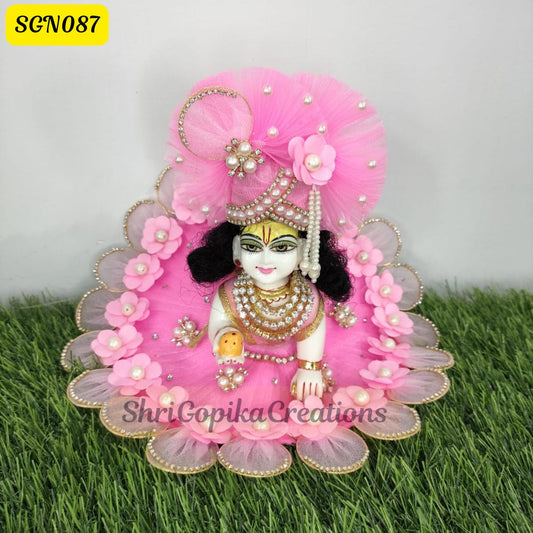 Pink Laddu Gopal Dress and  Matching Pagdi  with Floral and Pearl Embellishments | SGN087