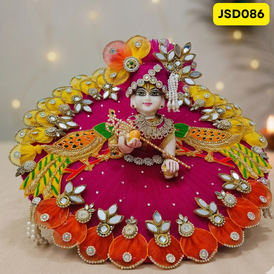 Rani Pink Multicolor Peacock Laddu Gopal Ji Poshak with Matching Pagdi | JSD086
