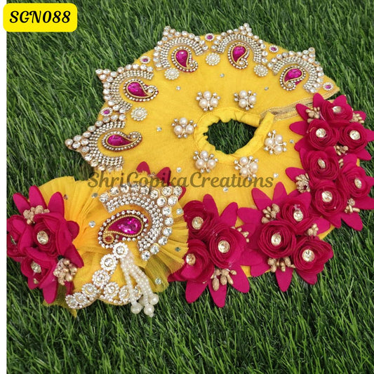Yellow heavy Laddu Gopal Dress with red Floral and Stone Embellishments paired with Matching Pagdi | SGN088