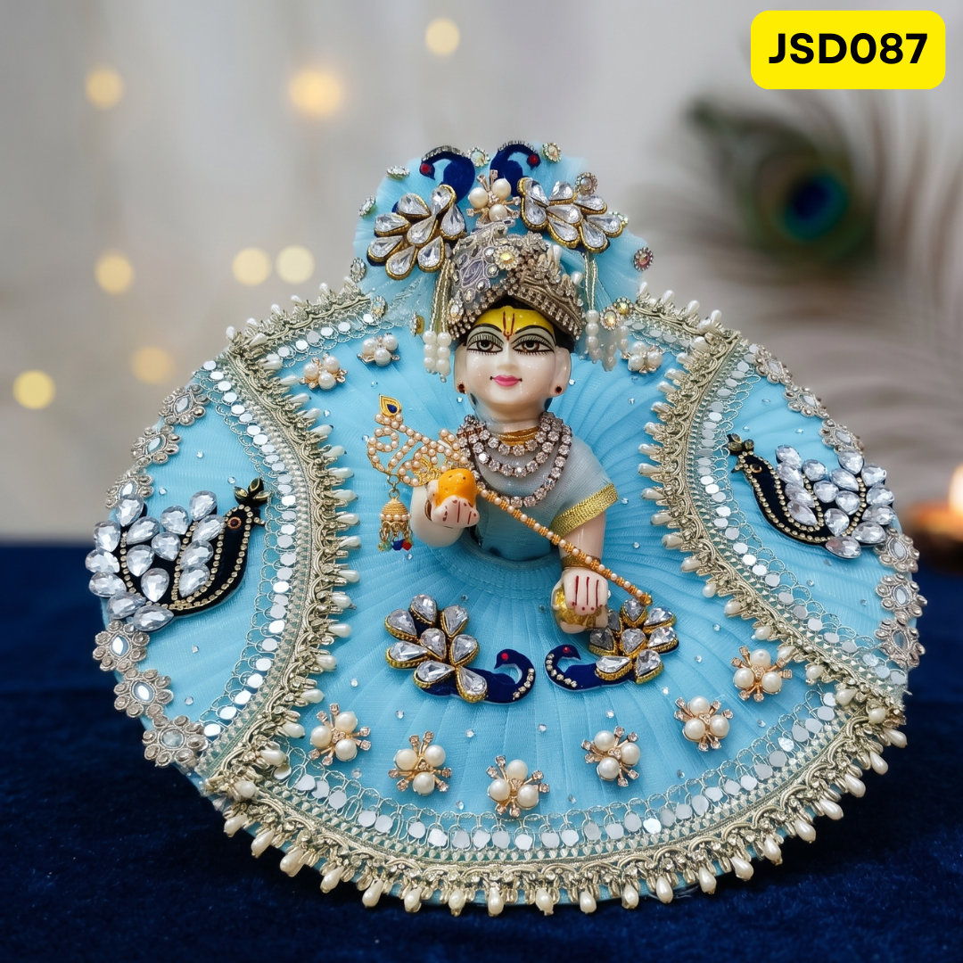 Sky Blue Peacock Mirror Work Laddu Gopal Ji Poshak with Matching Pagdi | JSD087