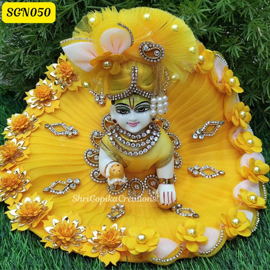 Radiant Yellow Laddu Gopal Dress with Floral Details and Matching Pagdi | SGN050