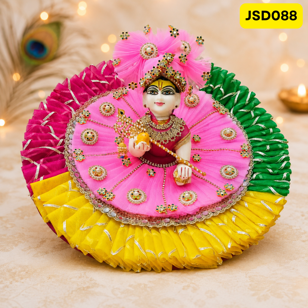 Pink Yellow Green Layered Laddu Gopal Ji Poshak with Matching Pagdi | JSD088