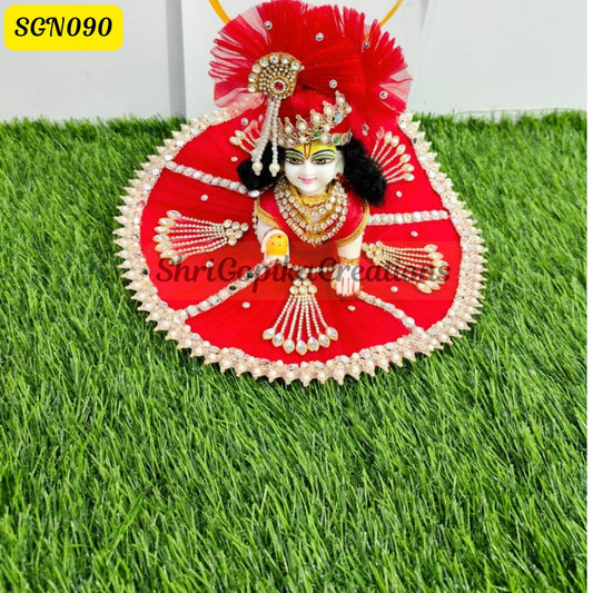 Red Laddu Gopal Dress and matching Pagdi with Pearl and Stone Embellishments | SGN090