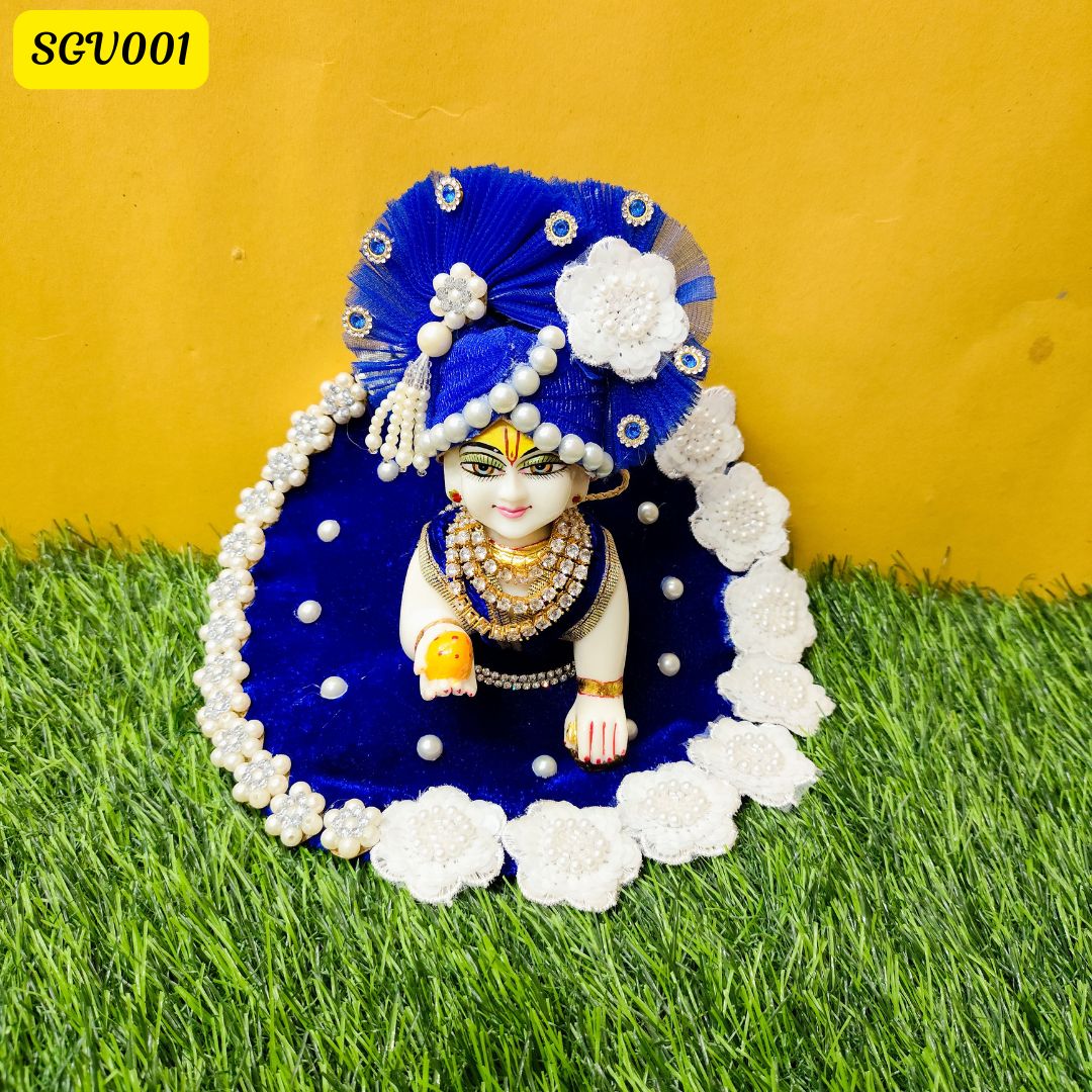 Royal Blue Velvet Laddu Gopal Outfit with White Floral Accents| SGV001