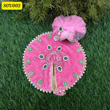 Pink Velvet Laddu Gopal Outfit with Peacock Motifs and Pearl Detailing and matching pagdi| SGV002