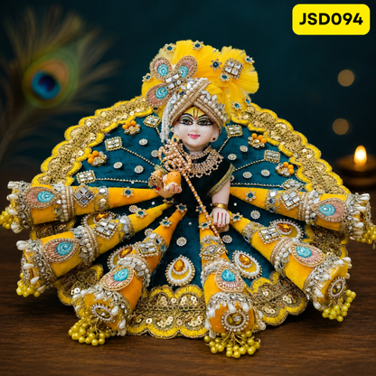 Yellow Blue Designer Cone Flare Laddu Gopal Ji Poshak with Matching Pagdi | JSD094