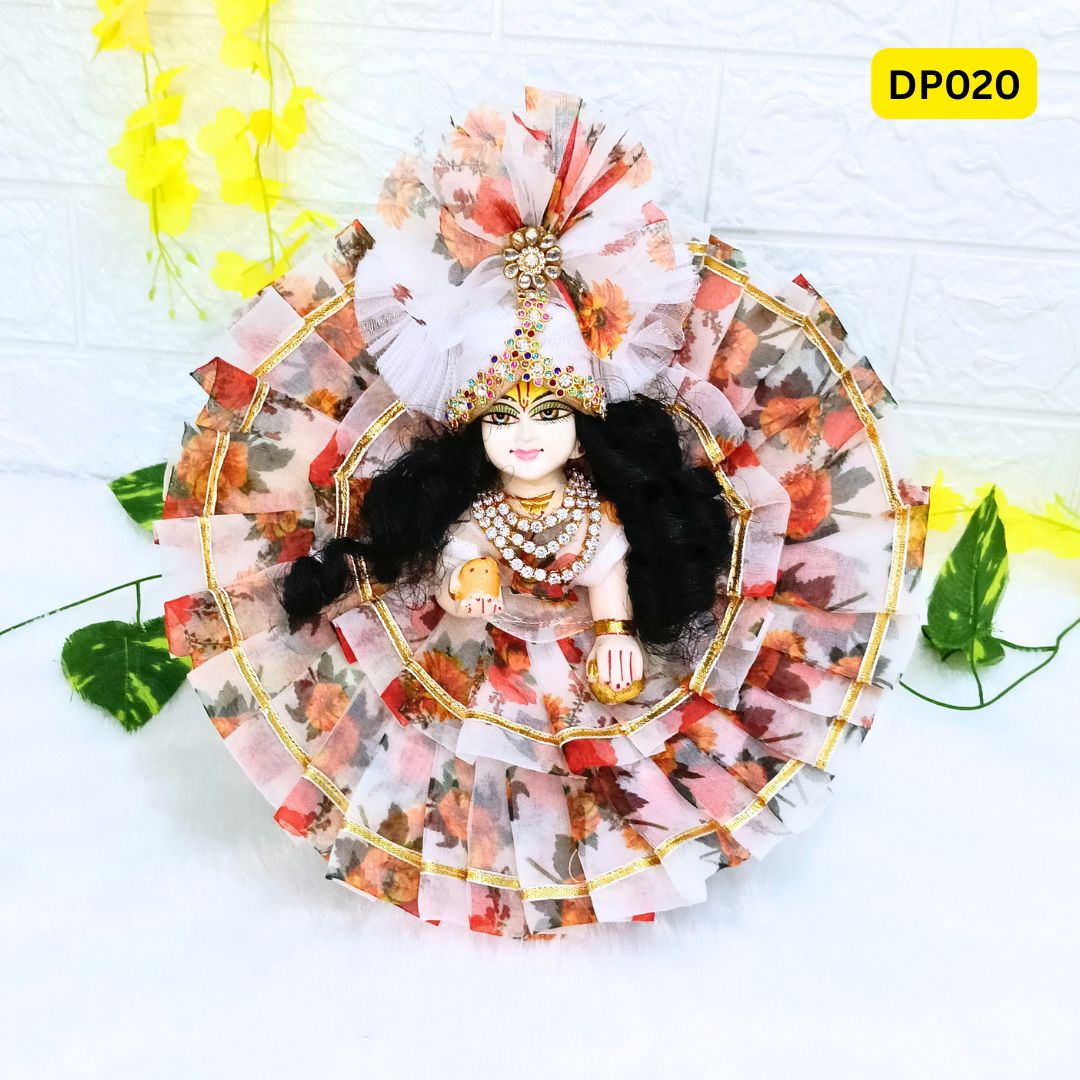 Floral Printed White Organza Laddu Gopal Poshak With Matching Pagdi | DP020