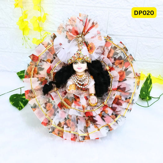 Floral Printed White Organza Laddu Gopal Poshak With Matching Pagdi | DP020