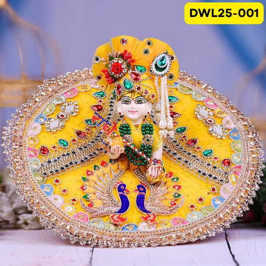 Vibrant Yellow Laddu Gopal Poshak With Peacock Design and Matching Pagdi | DWL25-001