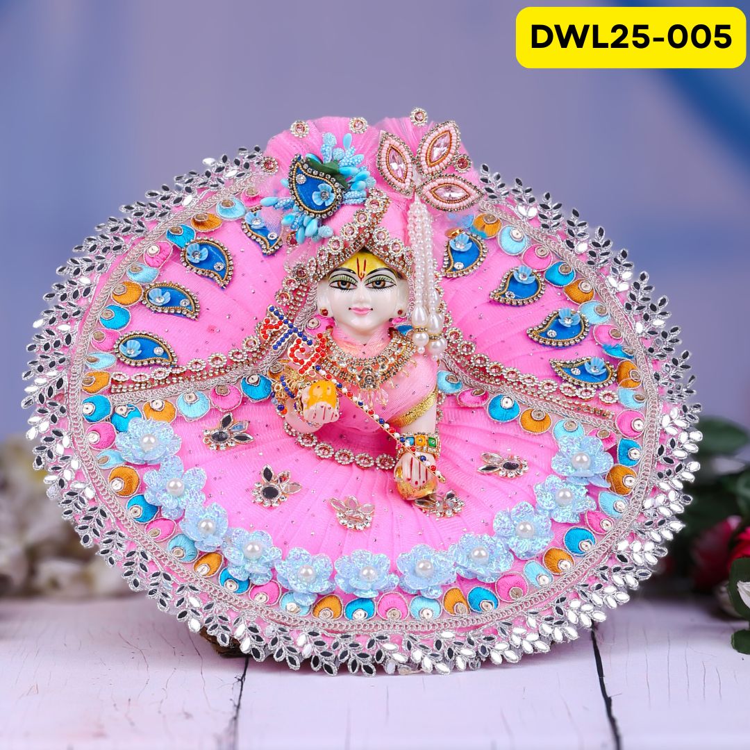 Pink and Blue Designer Laddu Gopal Poshak With Mirror Work and Matching Pagdi | DWL25-005