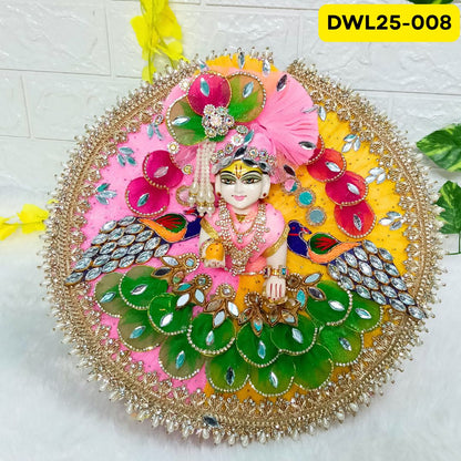Pink and Yellow Designer Laddu Gopal Poshak With Peacock Design and Matching Pagdi | DWL25-008