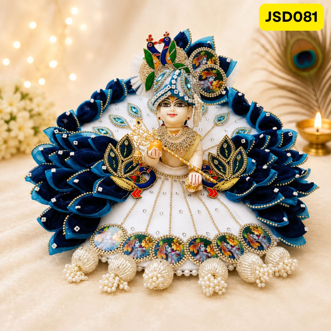White and Blue Peacock Design Laddu Gopal Ji Poshak with Matching Pagdi | JSD081