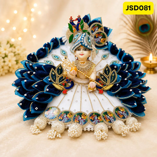 White and Blue Peacock Design Laddu Gopal Ji Poshak with Matching Pagdi | JSD081
