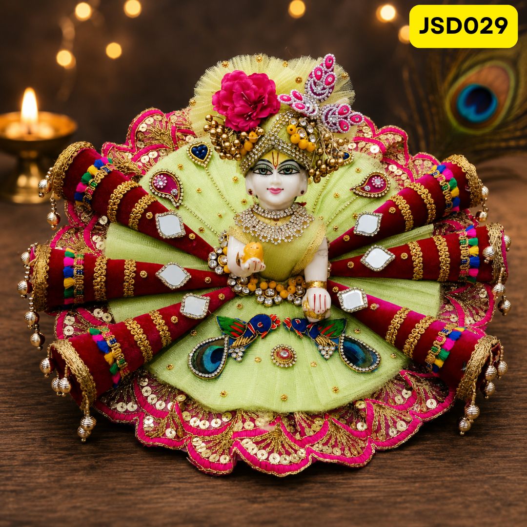 Heavily decorated Laddu Gopal Cone Poshak in Green and Rani with Matching Pagdi | JSD029