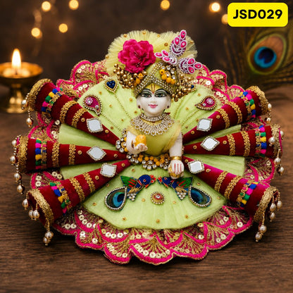 Heavily decorated Laddu Gopal Cone Poshak in Green and Rani with Matching Pagdi | JSD029