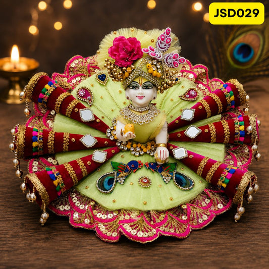 Heavily decorated Laddu Gopal Cone Poshak in Green and Rani with Matching Pagdi | JSD029