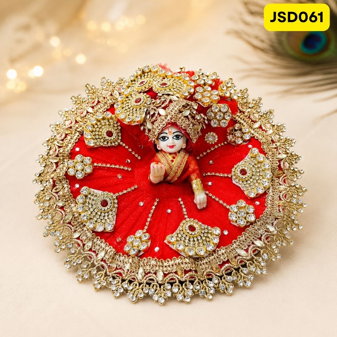 Royal Red Stone Work Laddu Gopal Ji Poshak with Matching Pagdi | JSD061