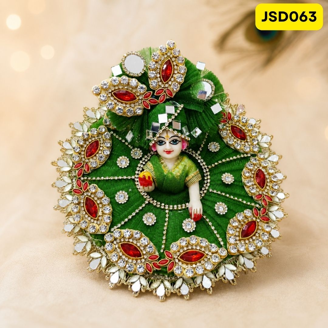 Green Red Mirror Work Laddu Gopal Ji Poshak with Matching Pagdi | JSD063