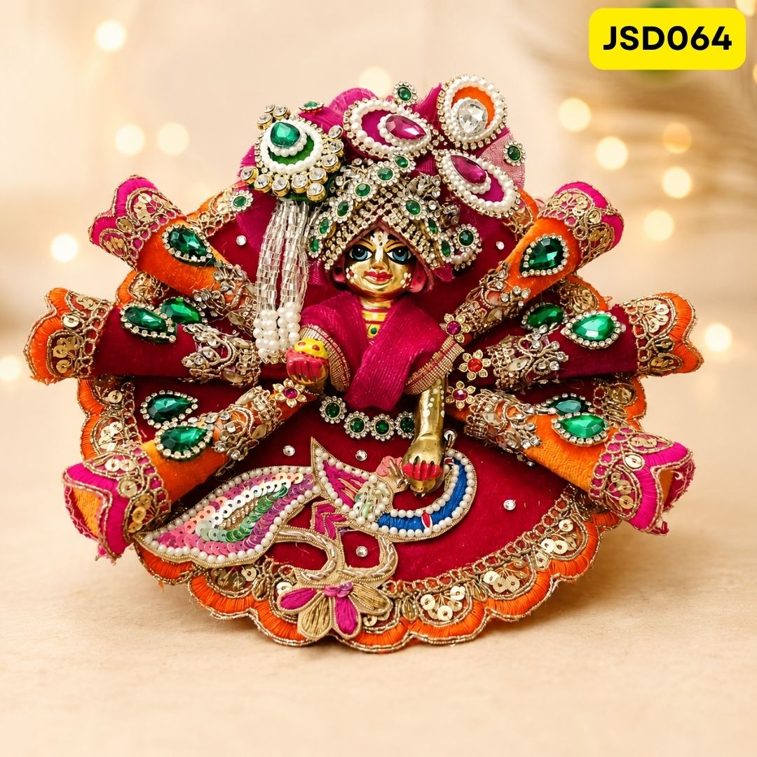 Maroon Orange Heavy Work Laddu Gopal Ji Poshak with Matching Pagdi | JSD064