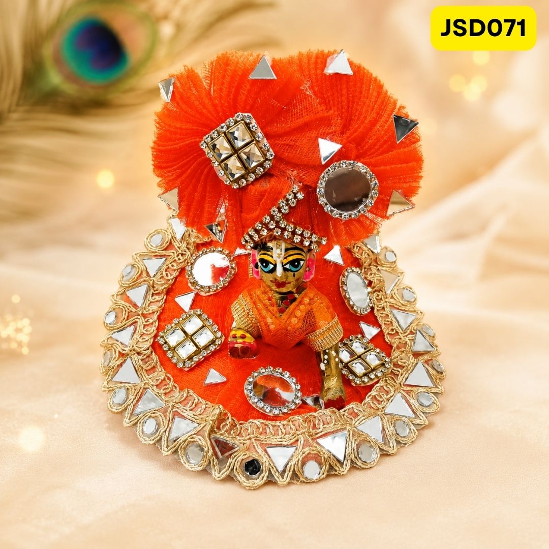 Orange Mirror Work Laddu Gopal Ji Poshak with Matching Pagdi | JSD071