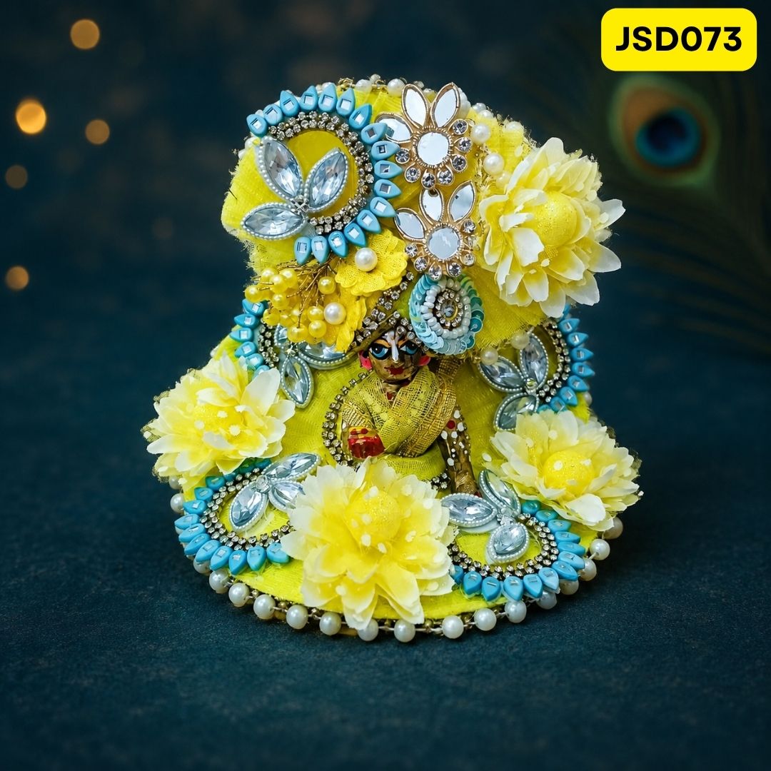 Yellow Turquoise Floral Laddu Gopal Ji Poshak with Matching Pagdi | JSD073